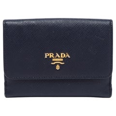 Prada Navy Blue Saffiano Metal Leather French Compact Wallet
