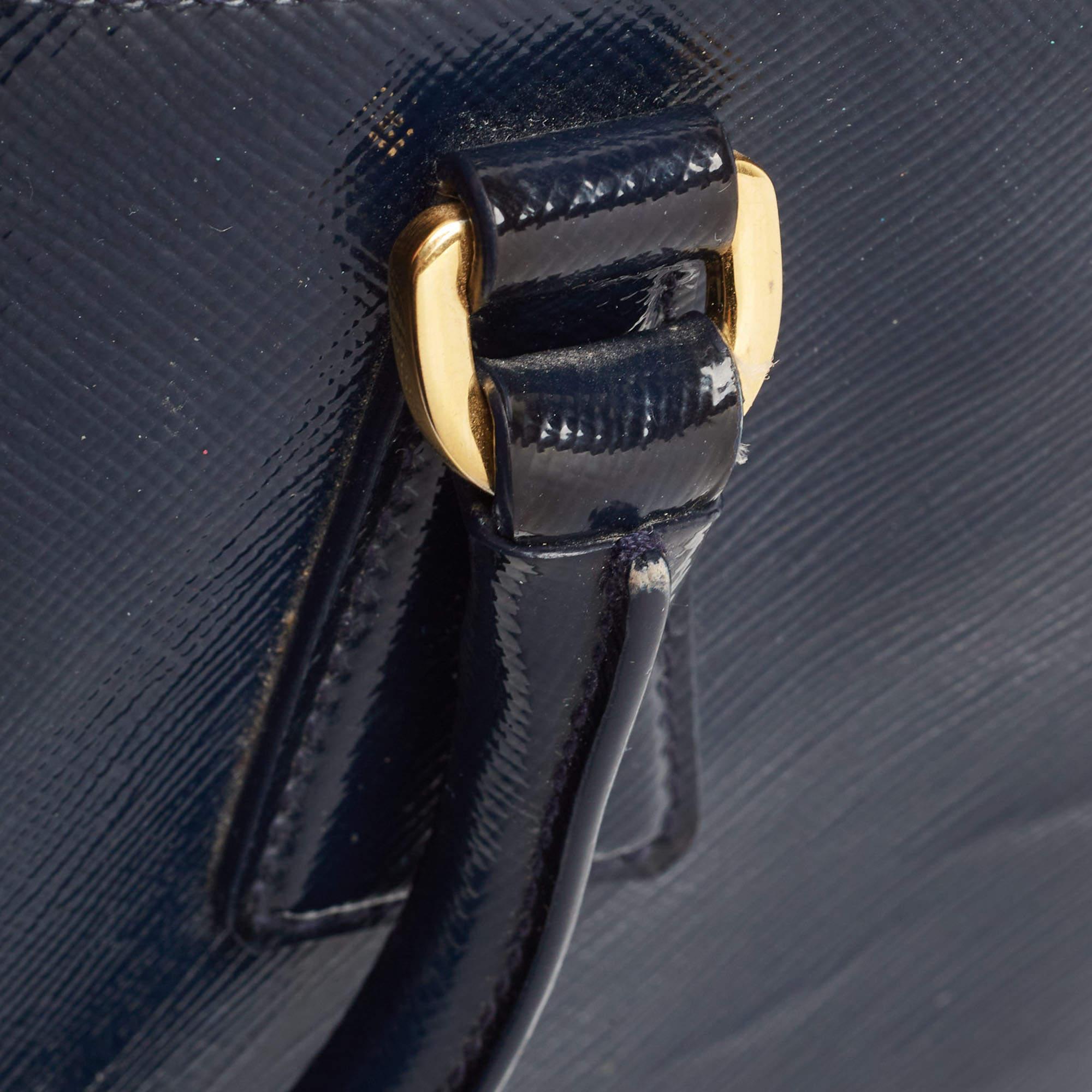 Prada Navy Blue Saffiano Patent Leather Small Promenade Satchel For Sale 8