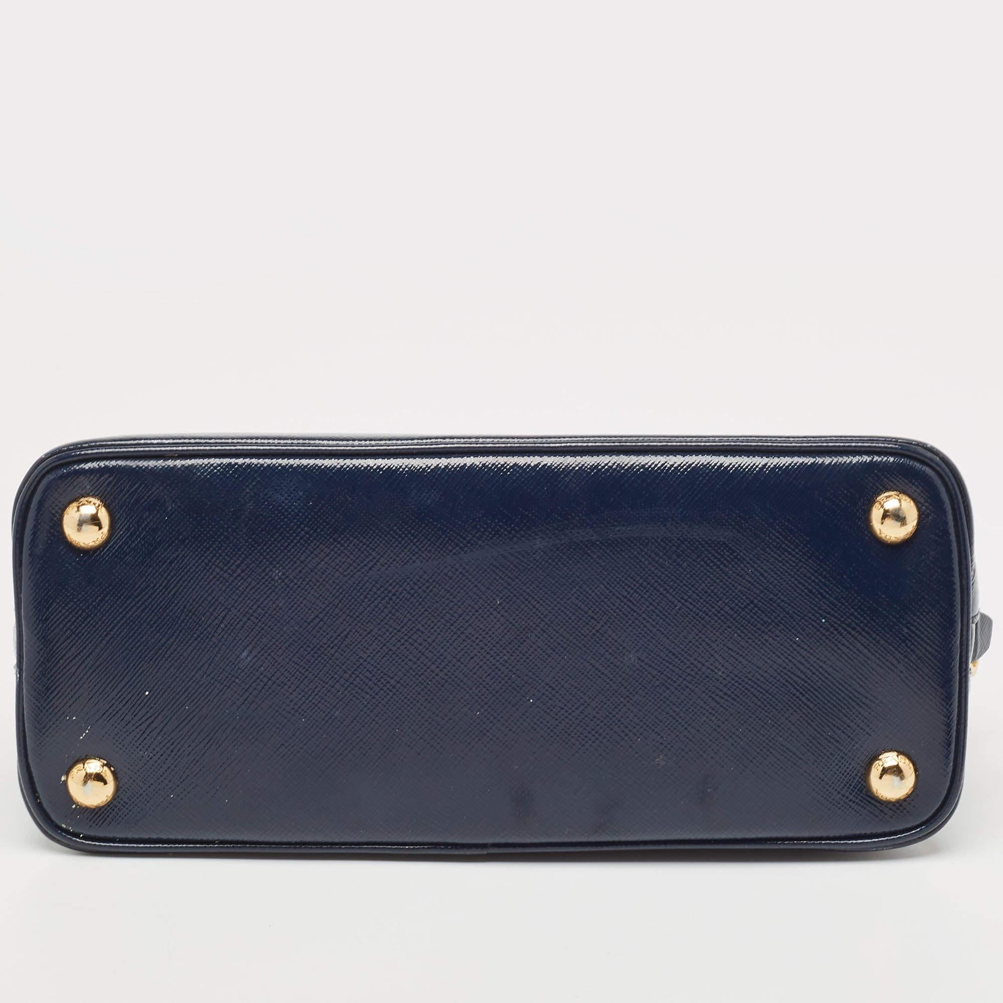 Prada Navy Blue Saffiano Patent Leather Small Promenade Satchel For Sale 1