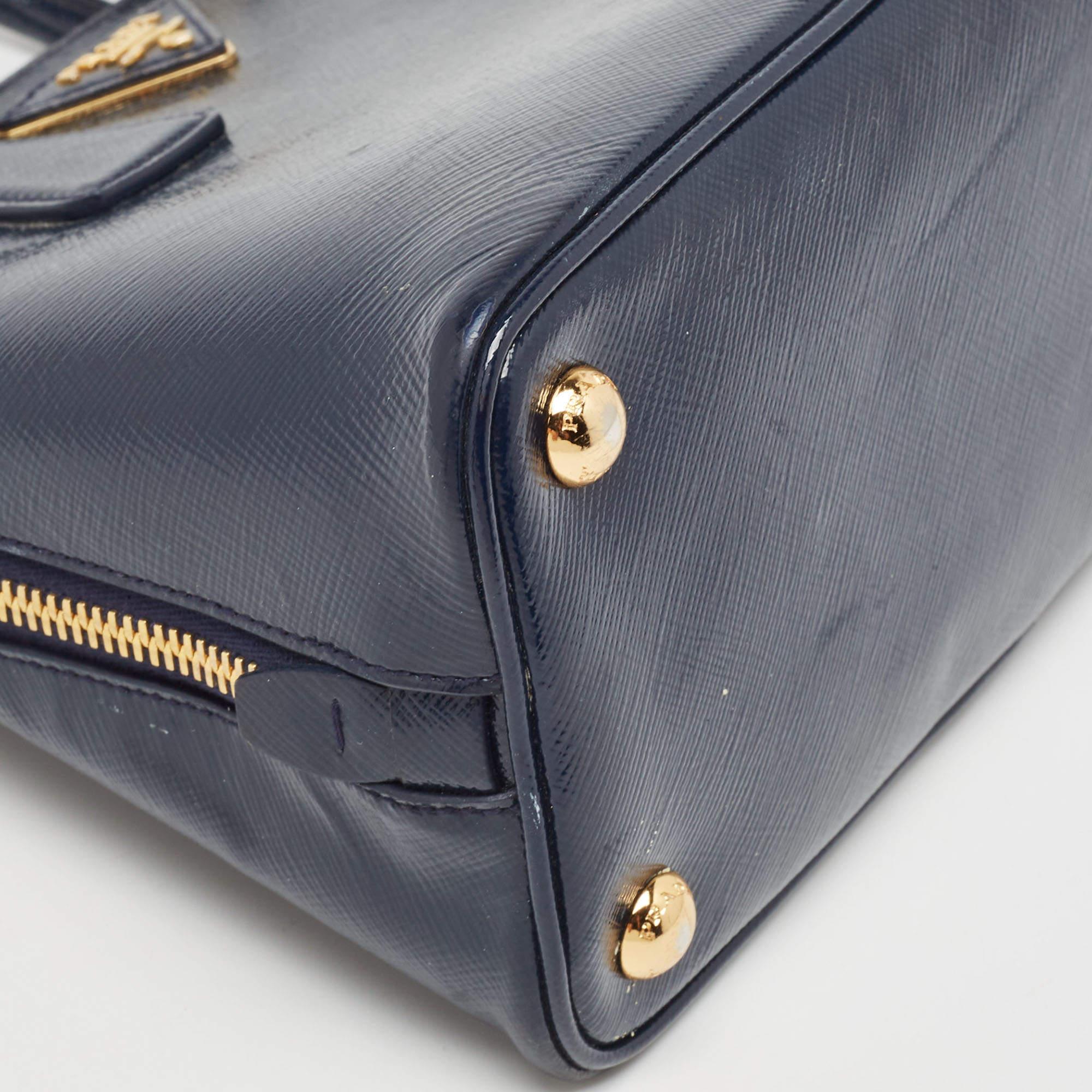 Prada Navy Blue Saffiano Patent Leather Small Promenade Satchel For Sale 3