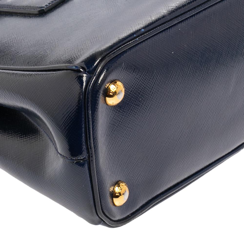 Prada Navy Blue Saffiano Vernice Leather Mini Galleria Double Zip 