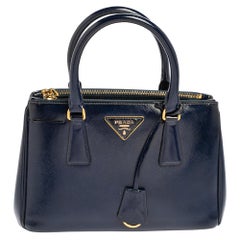 Used Prada Navy Blue Saffiano Vernice Leather Mini Galleria Double Zip Tote