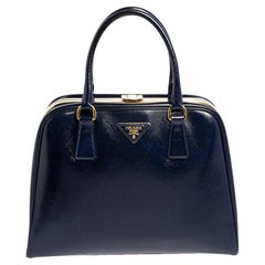 Prada Navy Blue Saffiano Vernice Leather Pyramid Frame Satchel