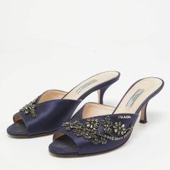 Prada Navy Blue Satin Crystal Embellished Slide Sandals Size 38