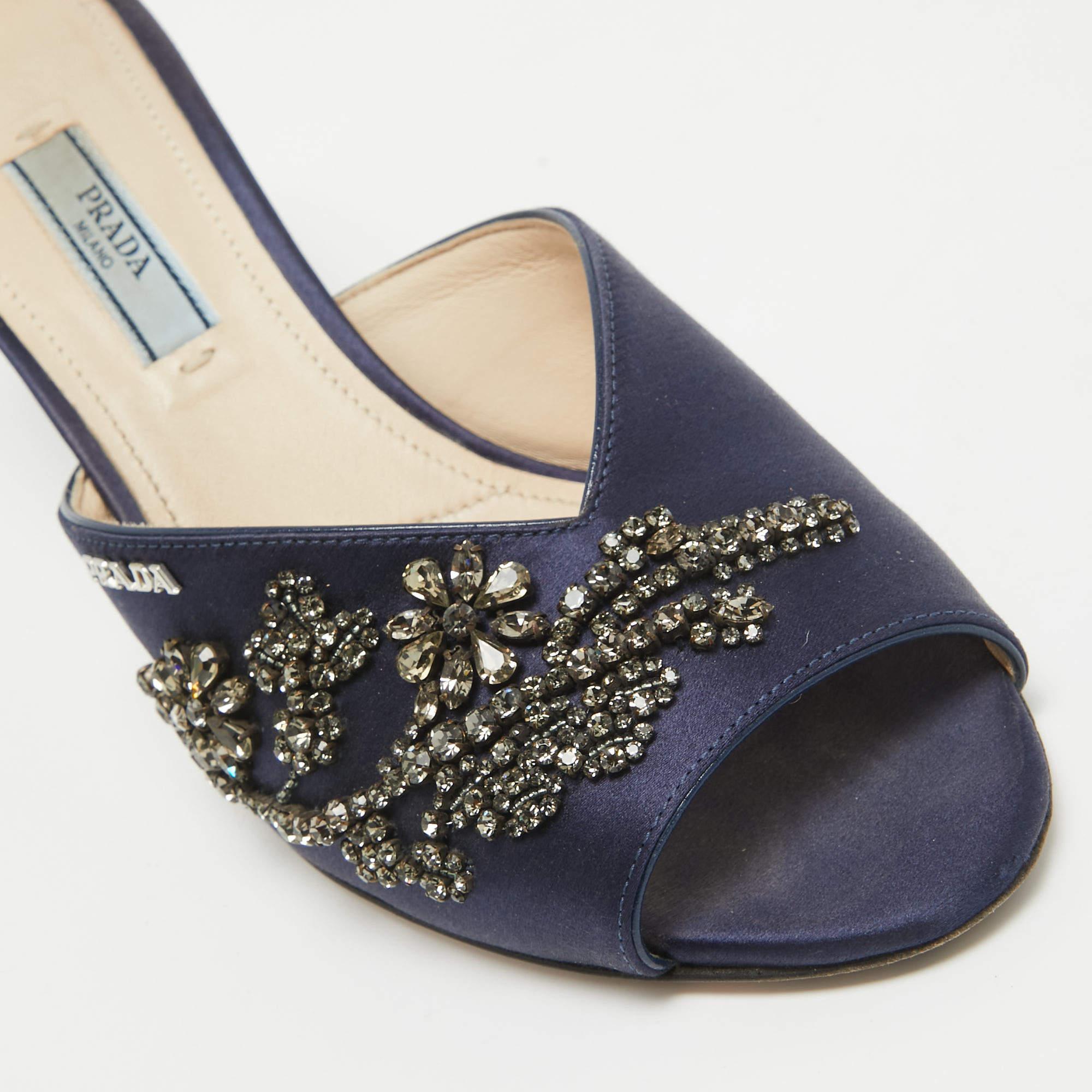 Prada Navy Blue Satin Crystal Embellished Slide Sandals Size 38 2