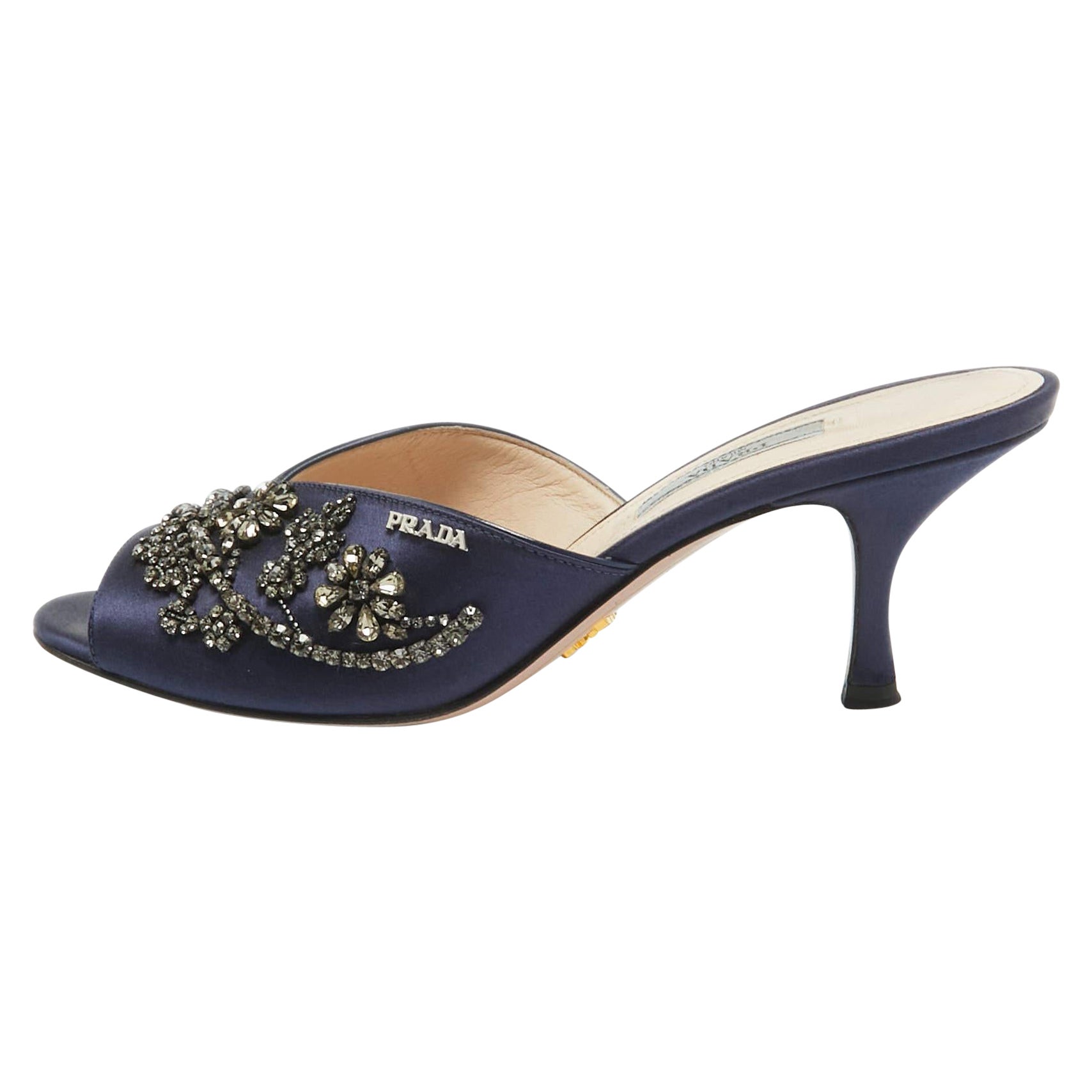 Prada Navy Blue Satin Crystal Embellished Slide Sandals Size 38