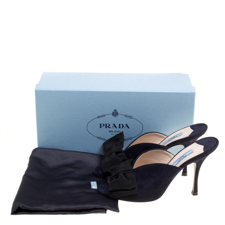 Prada Navy Blue Suede Bow Embellished Peep Toe Mules Size 37 For Sale ...