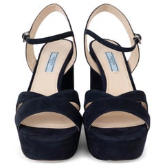 PRADA navy blue suede CRISS CROSS 115 PLATFORM Sandals Shoes 38.5