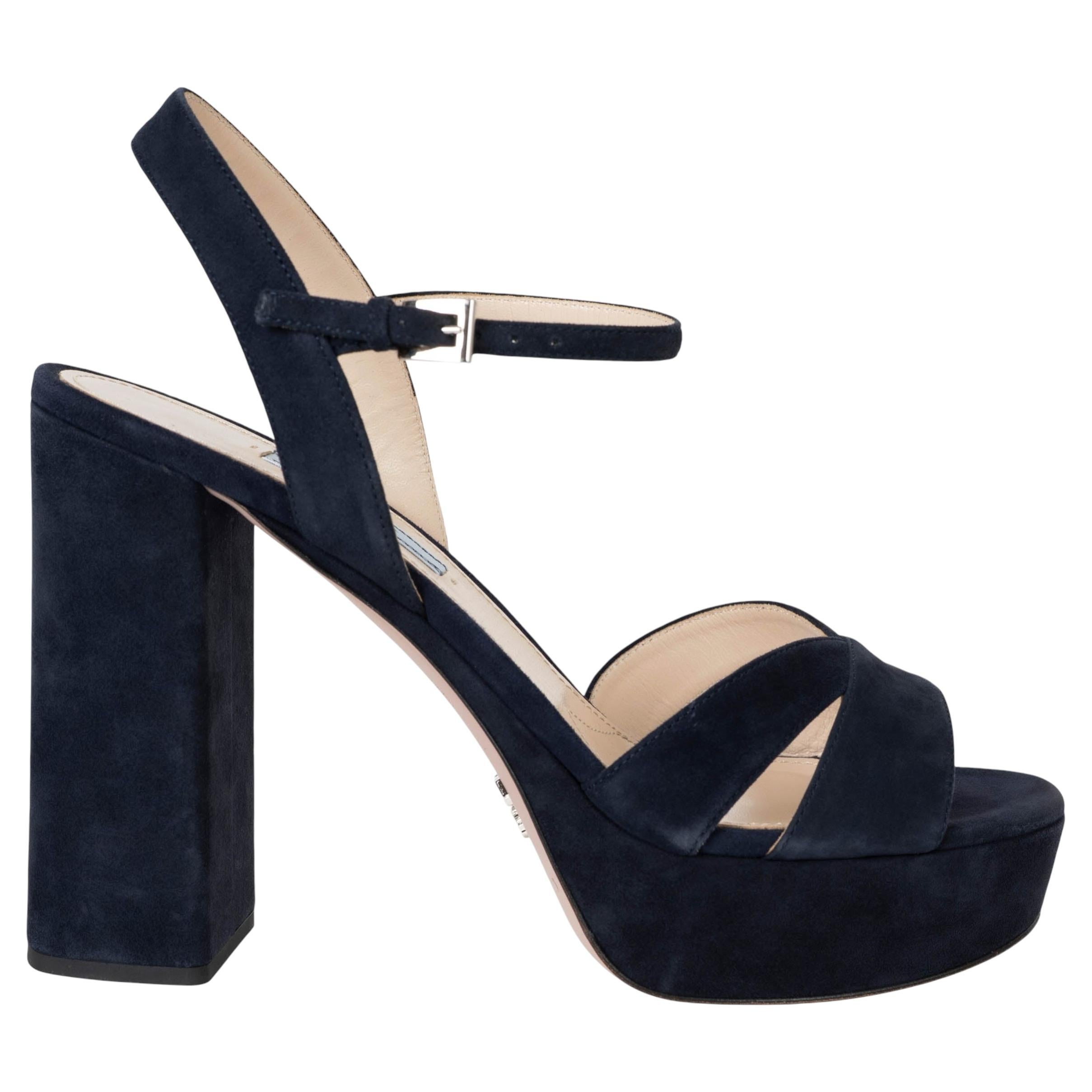 Pre-owned Prada Navy Blue Suede Criss Cross 115 Platform Sandals Shoes 38.5