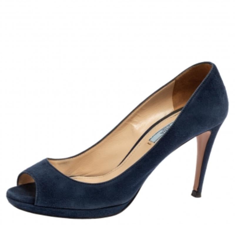 Black Prada Navy Blue Suede Peep-Toe Platform Pumps Size 38.5 For Sale