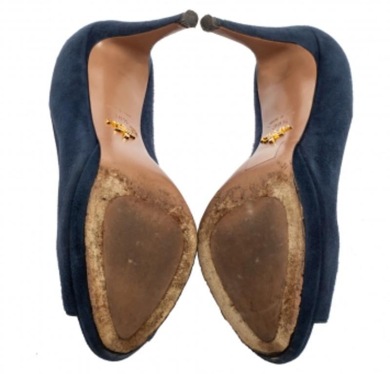 Women's Prada Navy Blue Suede Peep-Toe Platform Pumps Size 38.5 For Sale