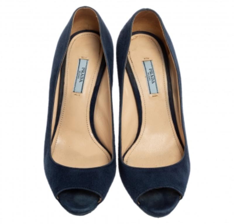 Prada Navy Blue Suede Peep-Toe Platform Pumps Size 38.5 For Sale 2