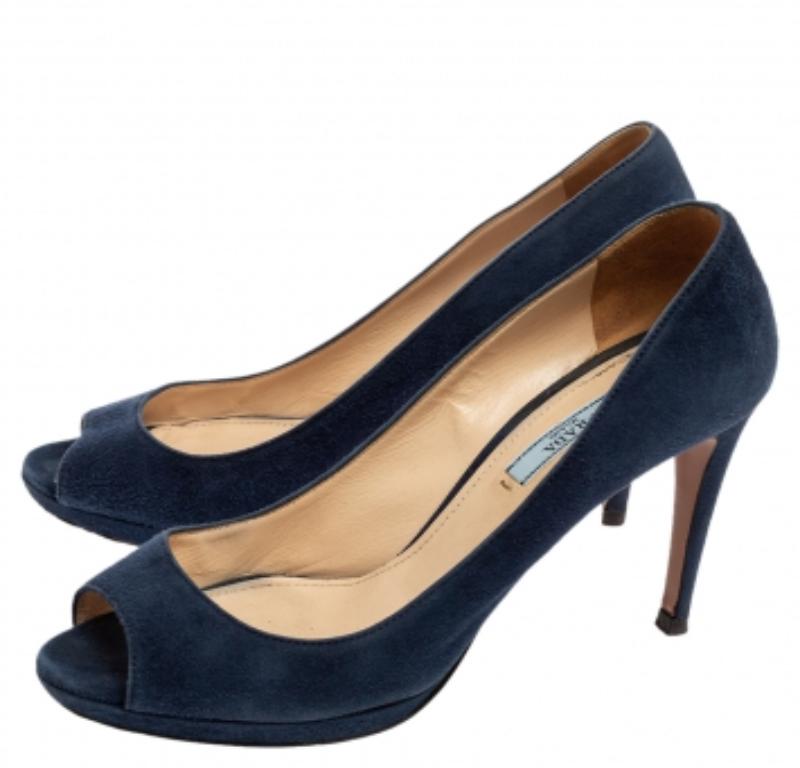 Prada Navy Blue Suede Peep-Toe Platform Pumps Size 38.5 For Sale 3