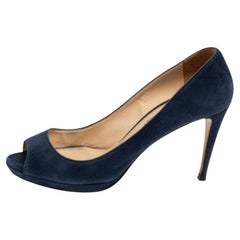 Prada Navy Blue Suede Peep-Toe Platform Pumps Size 38.5