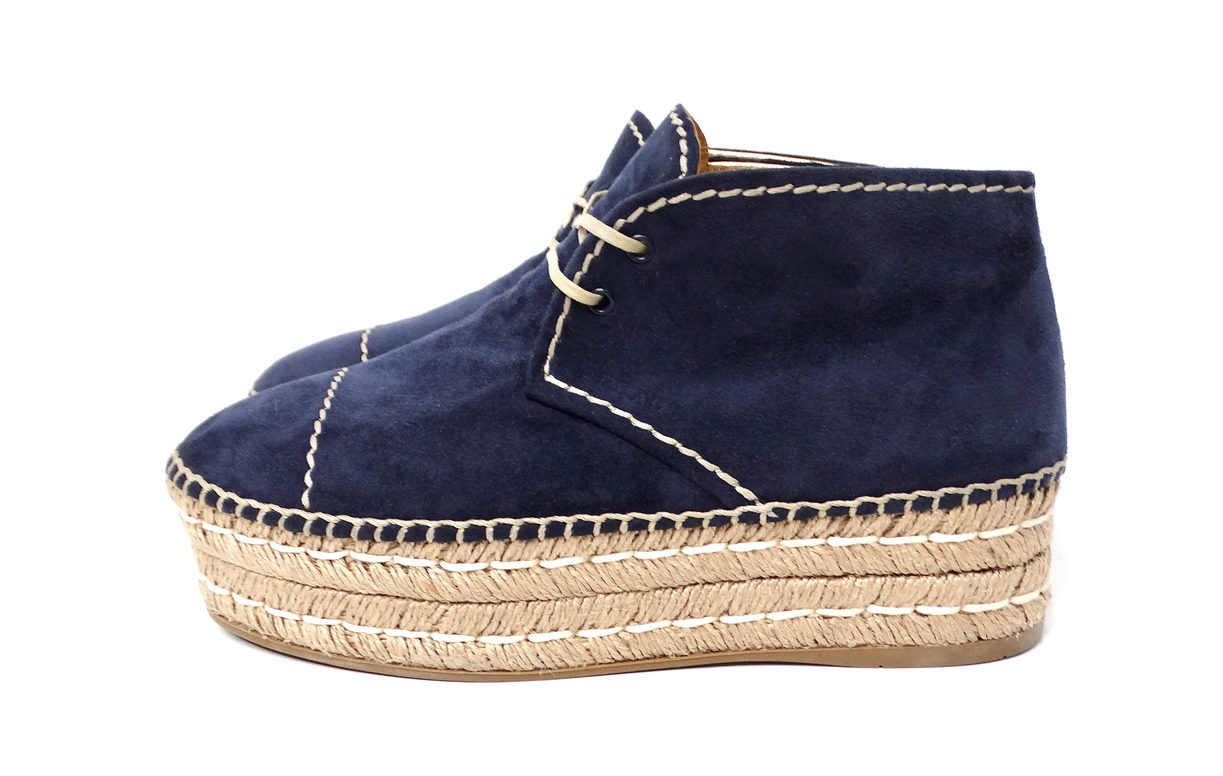 Black Prada Navy Blue Suede Platform Espadrille Ankle Boots For Sale