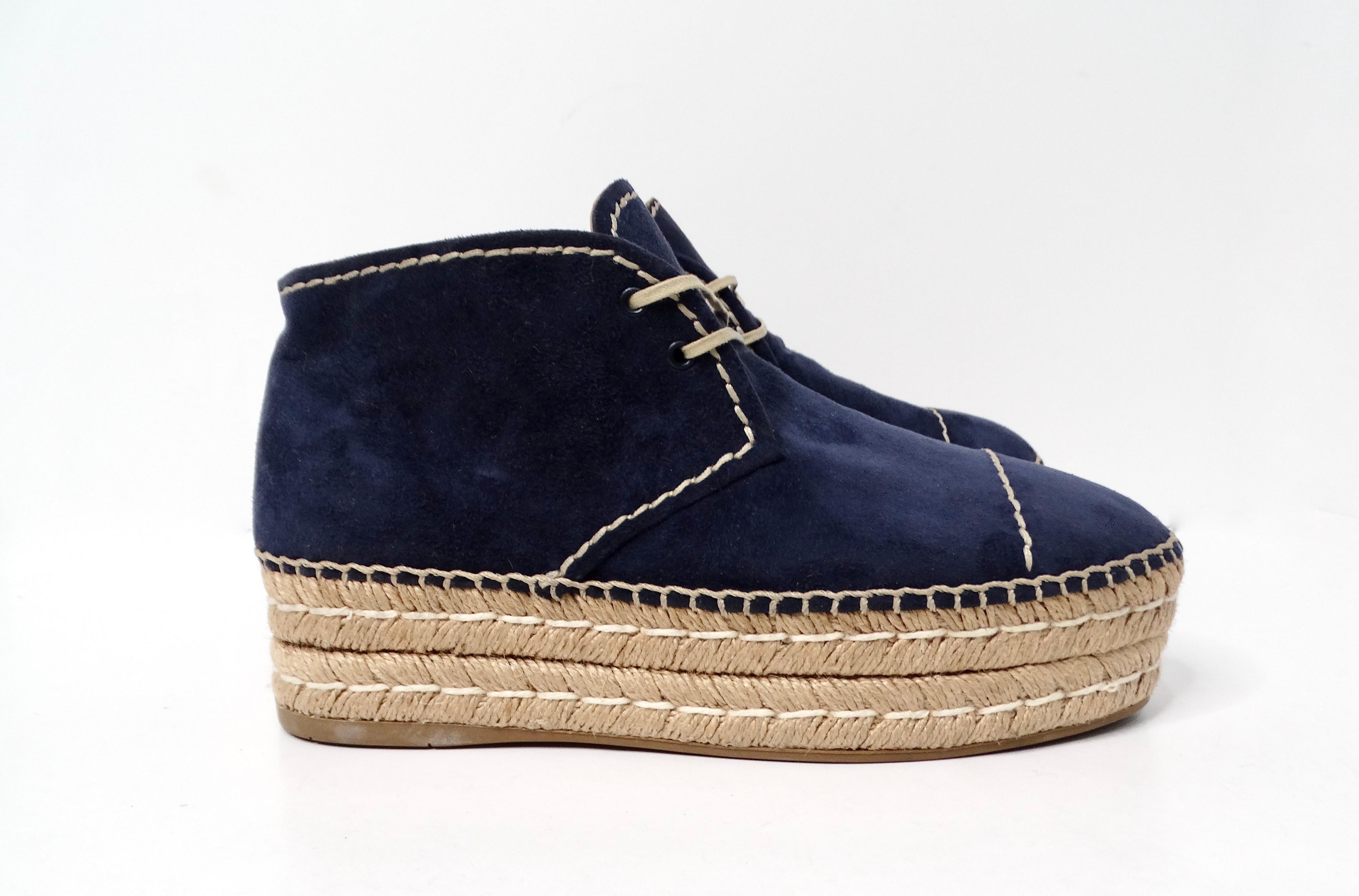 Women's Prada Navy Blue Suede Platform Espadrille Ankle Boots For Sale