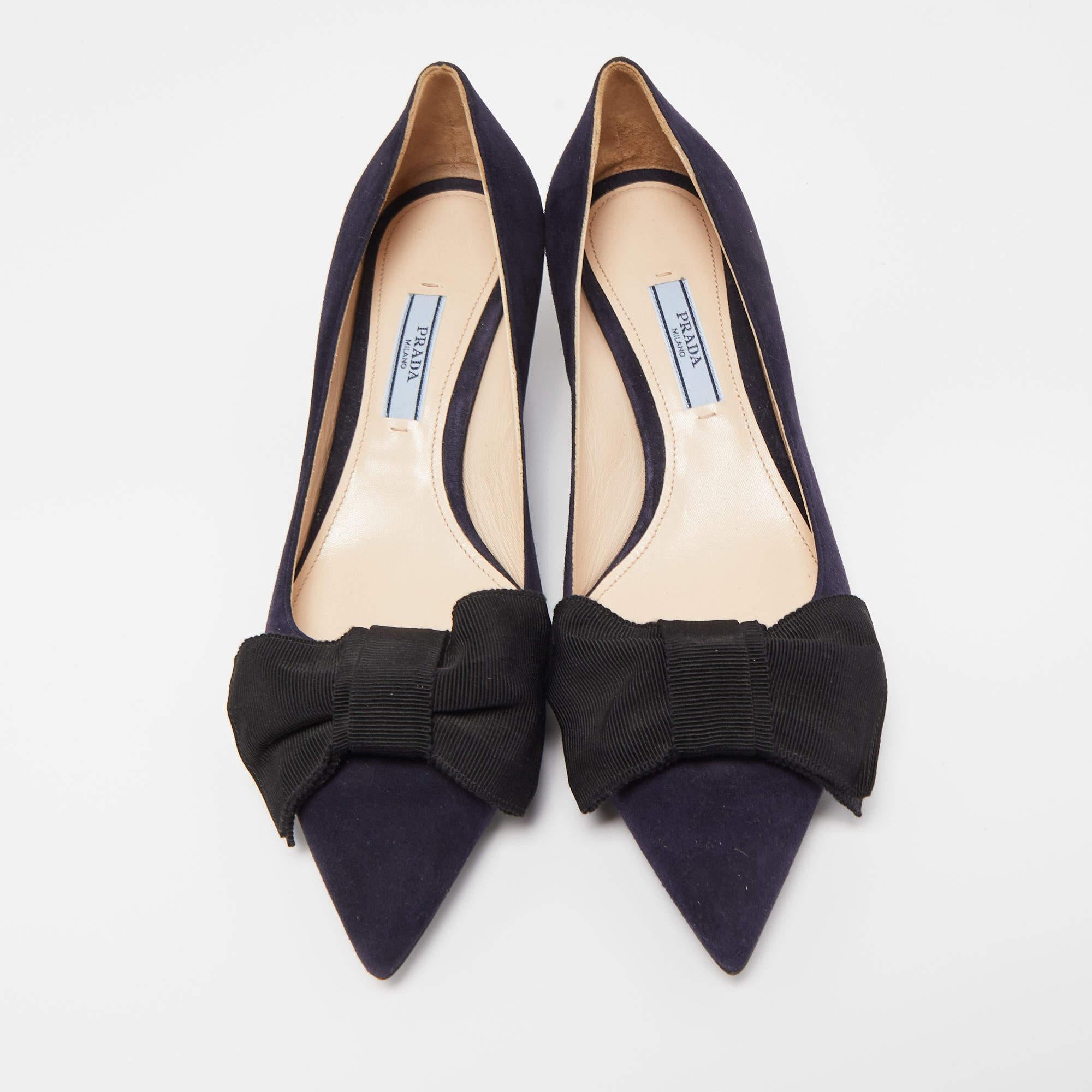 Women's Prada Navy Blue Suede Pointed Toe Bow Pumps 