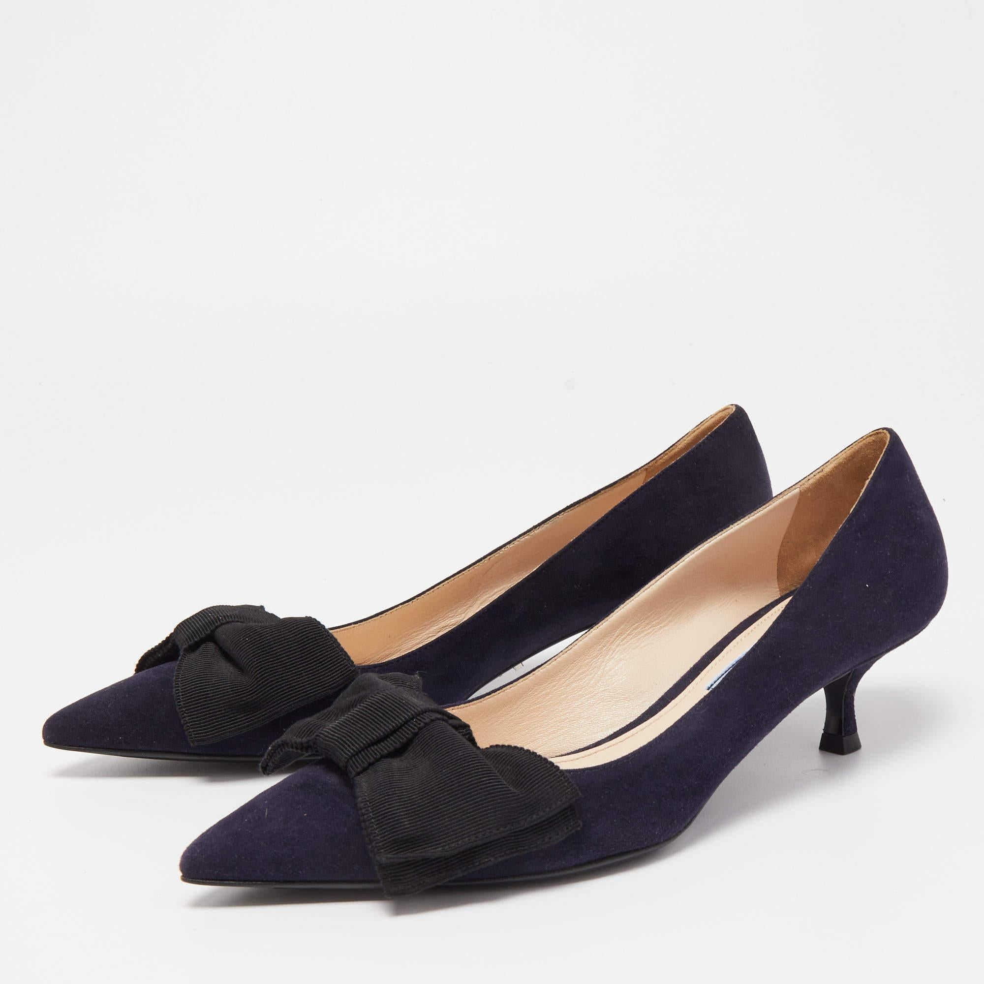 Prada Navy Blue Suede Pointed Toe Bow Pumps  2