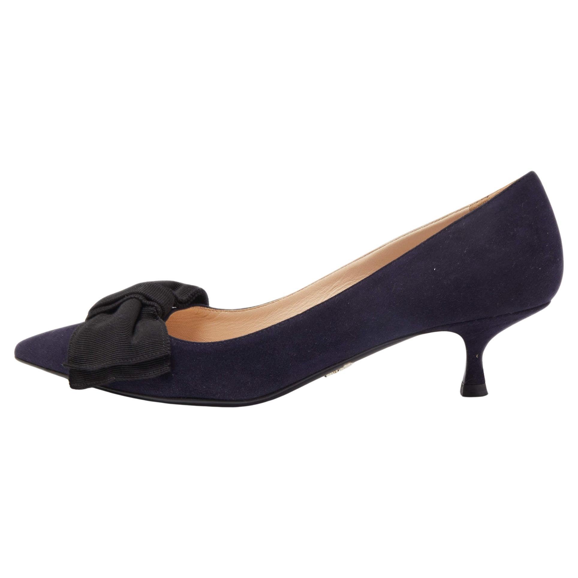 Prada Navy Blue Suede Pointed Toe Bow Pumps 