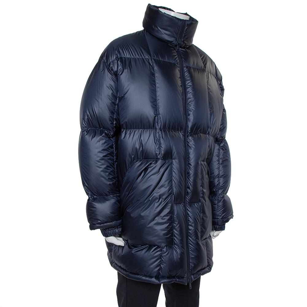 Prada Navy Blue Synthetic Hooded Puffer Parka Jacket L In Excellent Condition In Dubai, Al Qouz 2