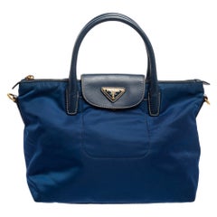 Prada Navy Blue Tessuto Nylon and Leather Tote Prada Navy Blue Tessuto Nylon and Leather Tote