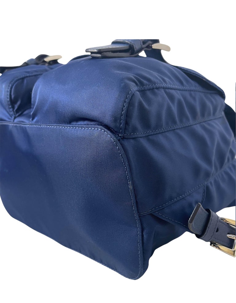 Prada Navy Blue Tessuto Nylon Backpack Bag w/ Front Buckle Pockets For