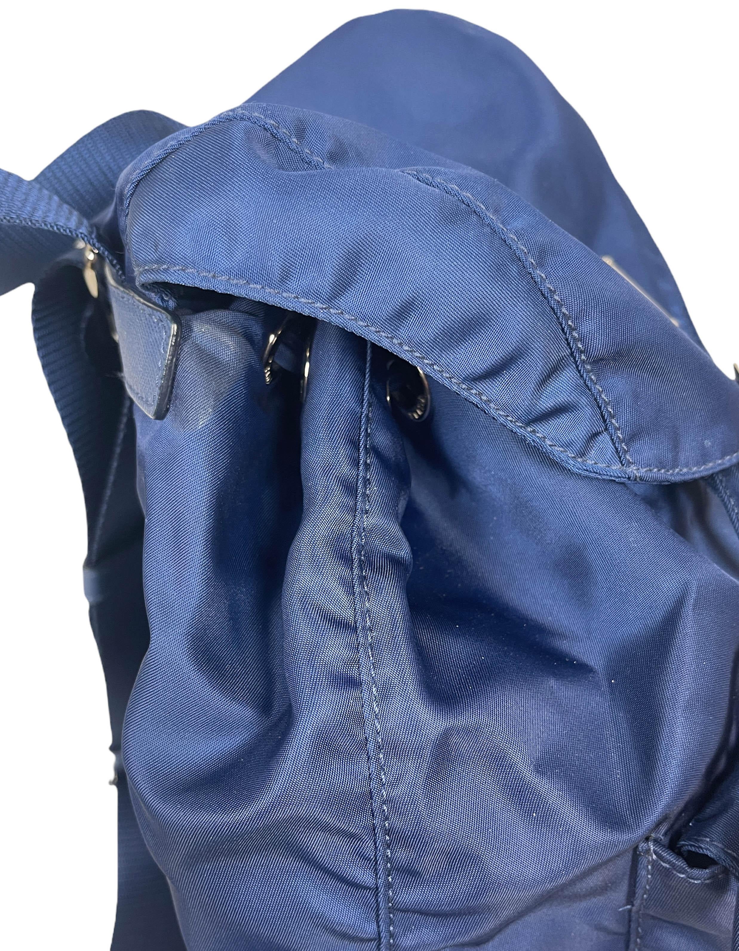 Women's or Men's Prada Navy Blue Tessuto Nylon Backpack Bag w/ Front Buckle Pockets