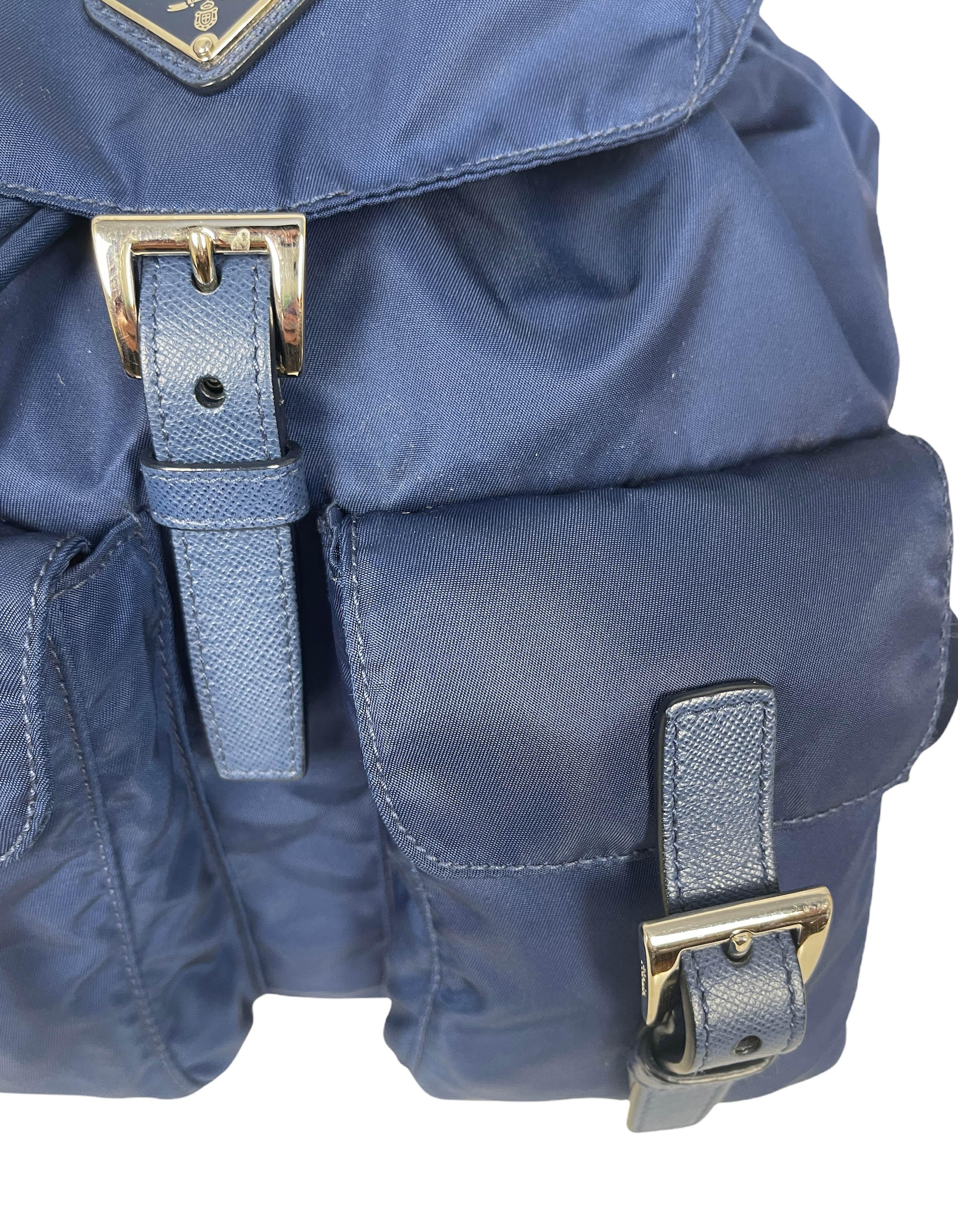 Prada Navy Blue Tessuto Nylon Backpack Bag w/ Front Buckle Pockets 1