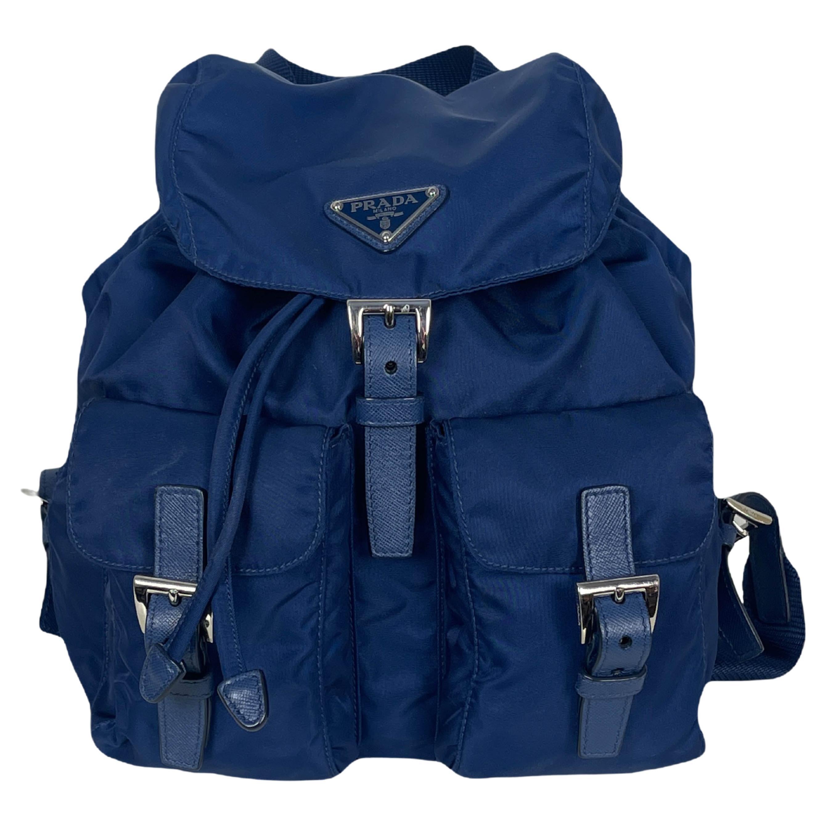 Prada Navy Blue Tessuto Nylon Backpack Bag w/ Front Buckle Pockets For Sale  at 1stDibs