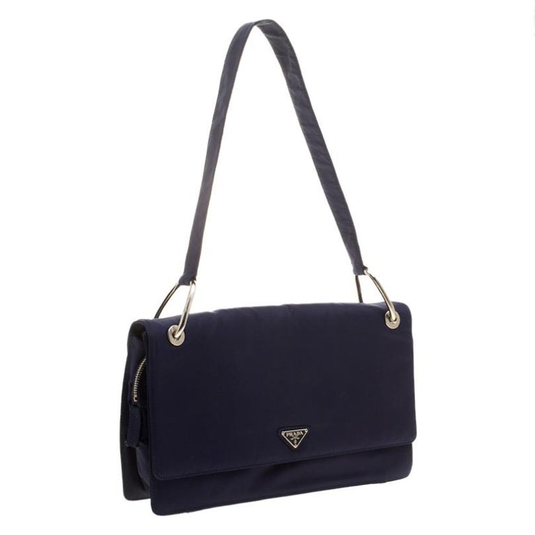 Prada Navy Blue Tessuto Nylon Flap Shoulder Bag For Sale at 1stDibs