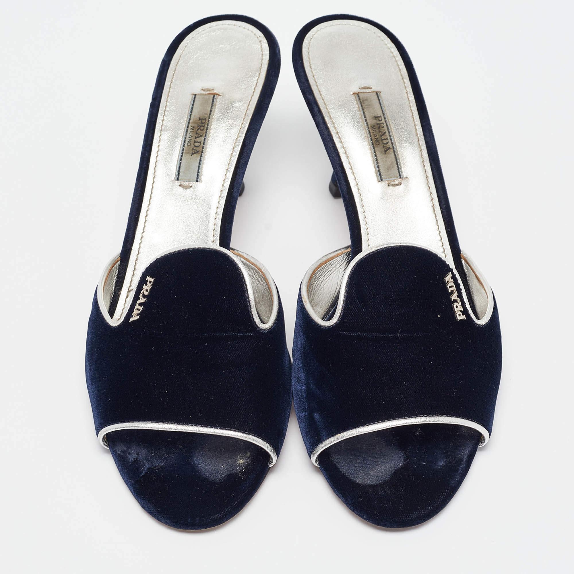 Black Prada Navy Blue Velvet and Leather Slide Sandals Size 39.5