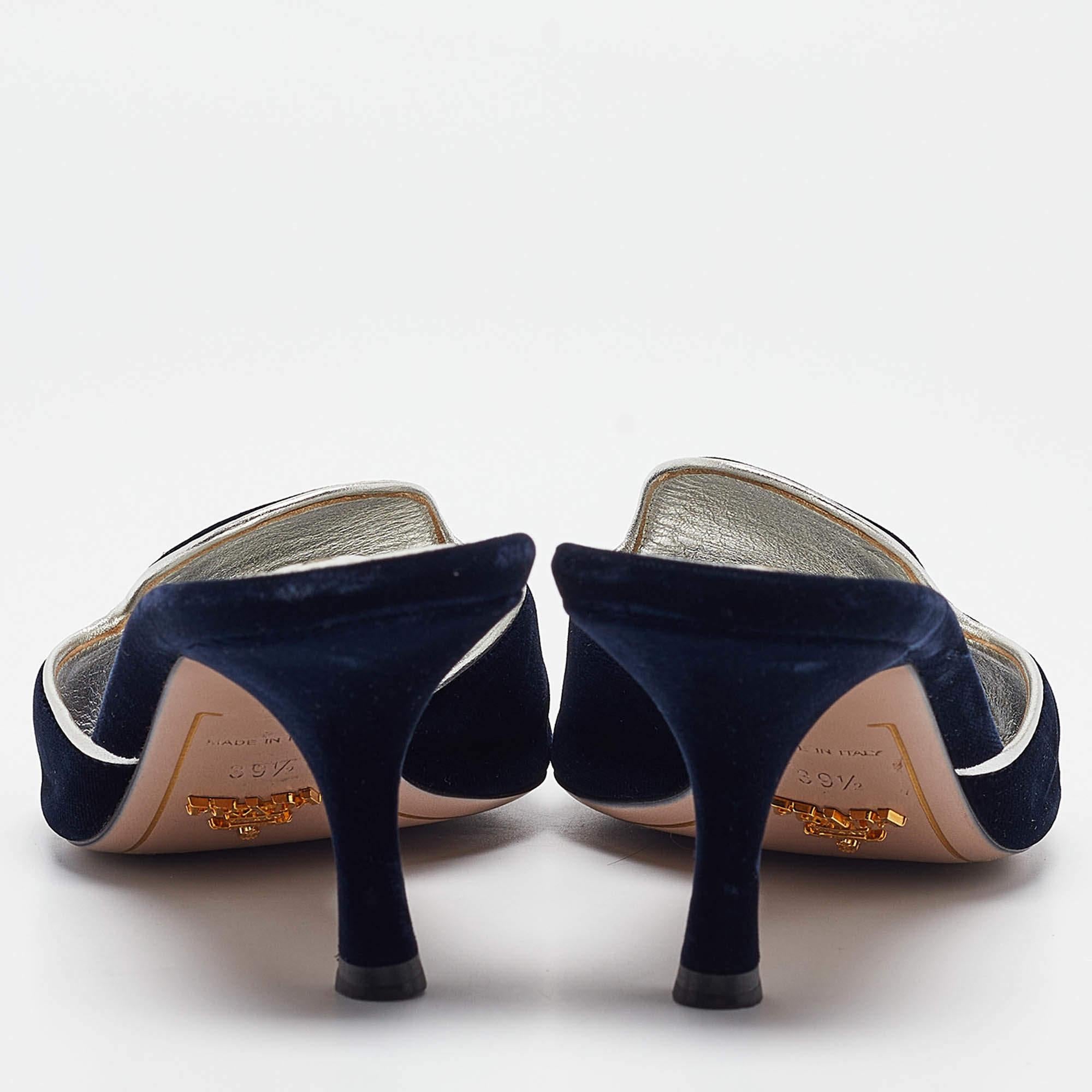 Women's Prada Navy Blue Velvet and Leather Slide Sandals Size 39.5