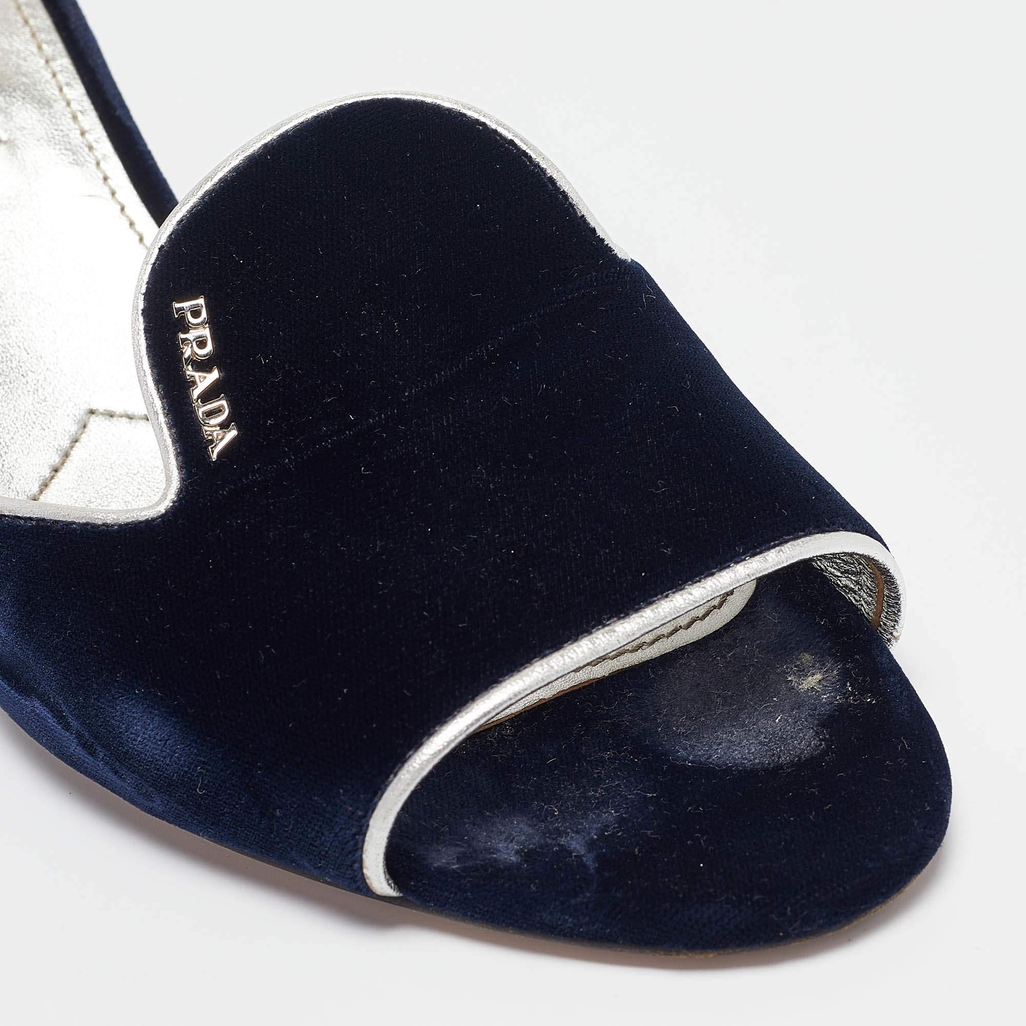 Prada Navy Blue Velvet and Leather Slide Sandals Size 39.5 2