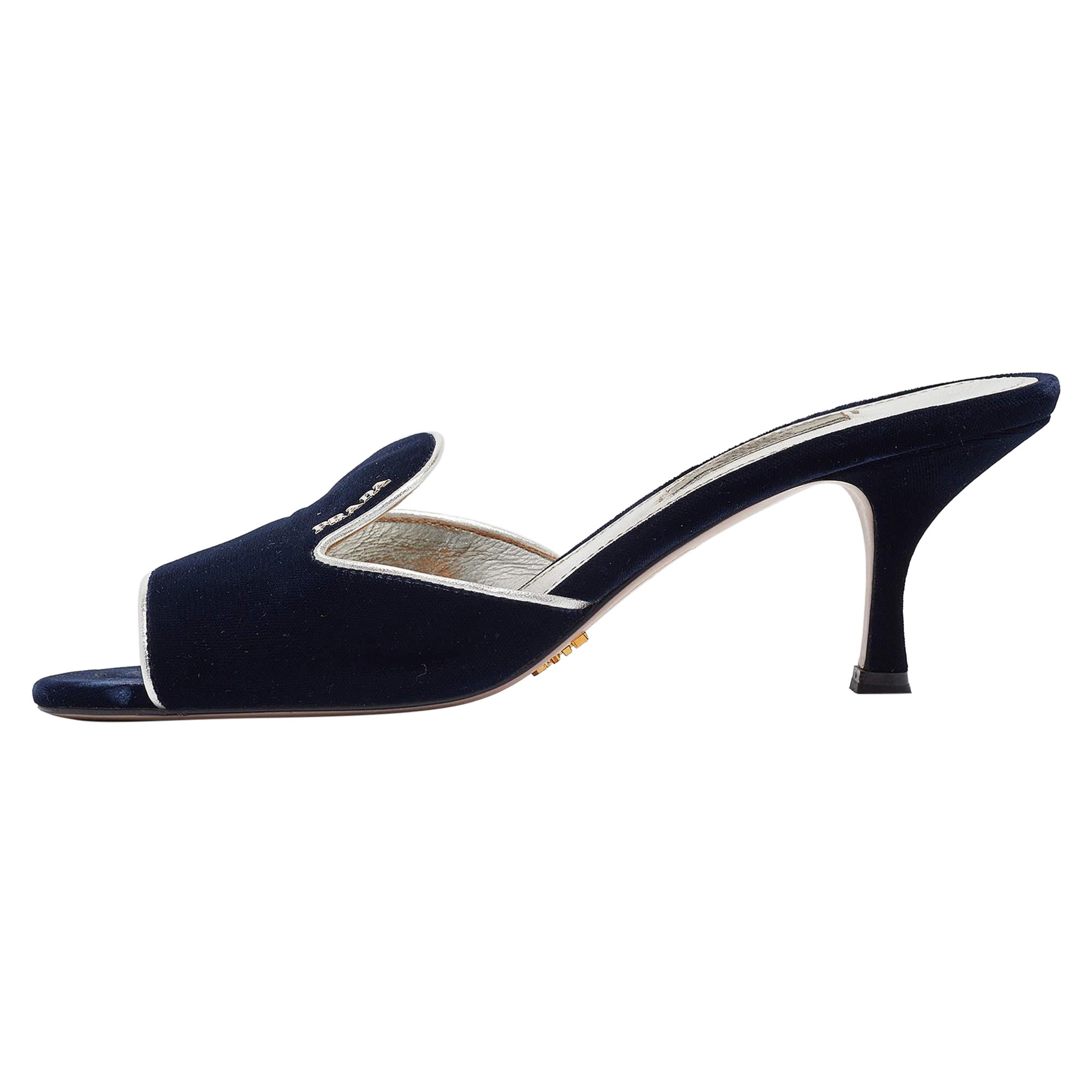 Prada Navy Blue Velvet and Leather Slide Sandals Size 39.5