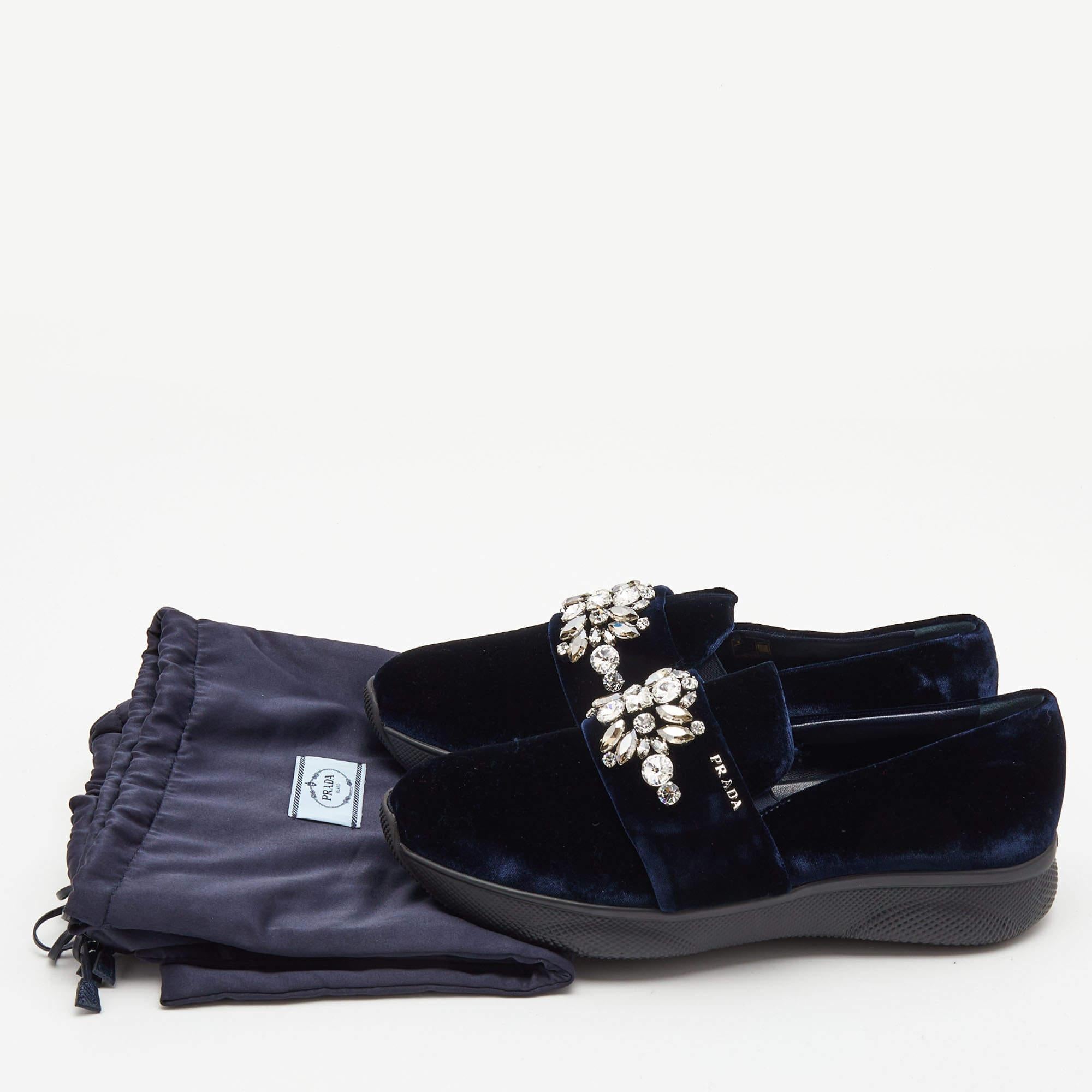 Prada Navy Blue Velvet Crystal Embellished Slip On Sneakers Size 38.5 6
