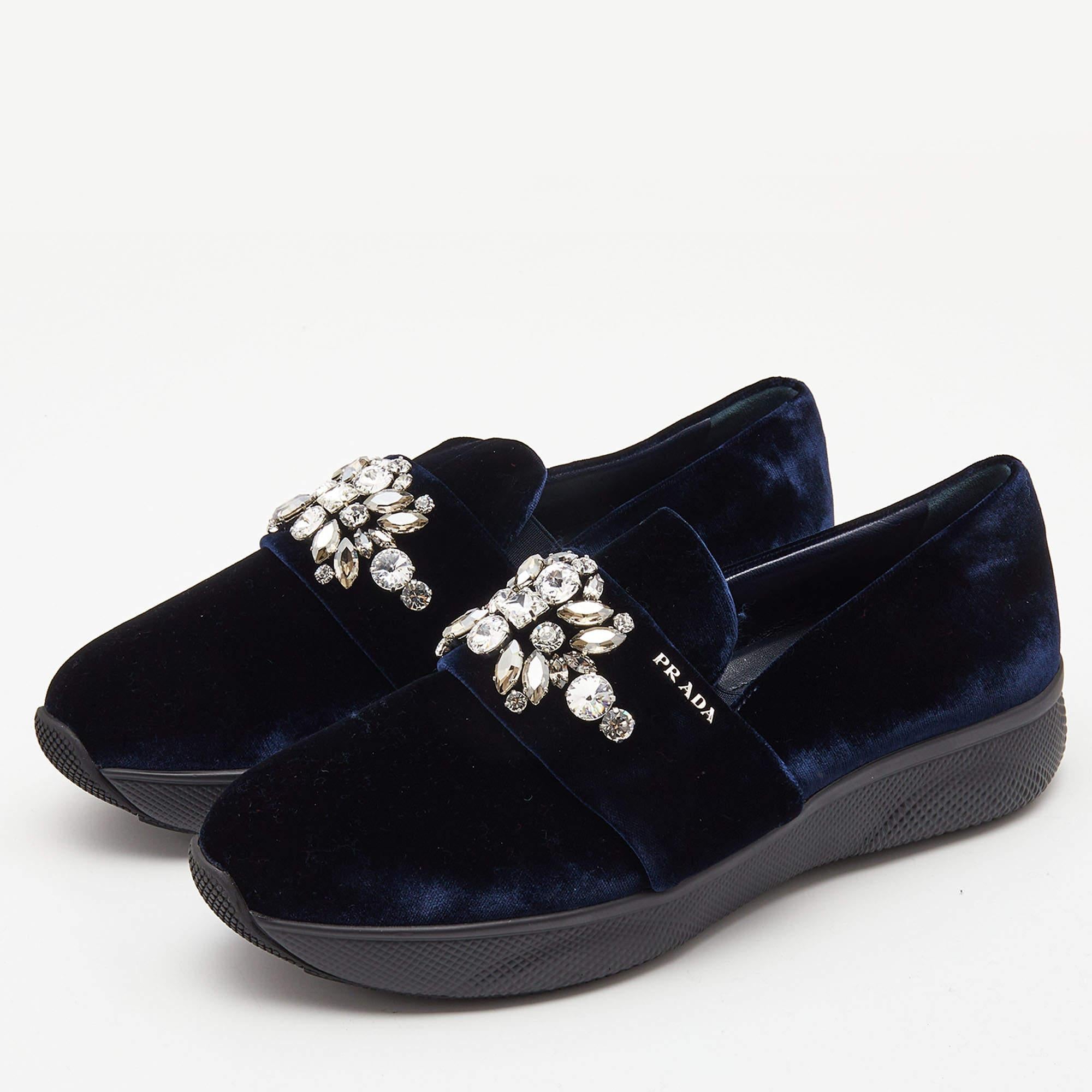 Prada Navy Blue Velvet Crystal Embellished Slip On Sneakers Size 38.5 2