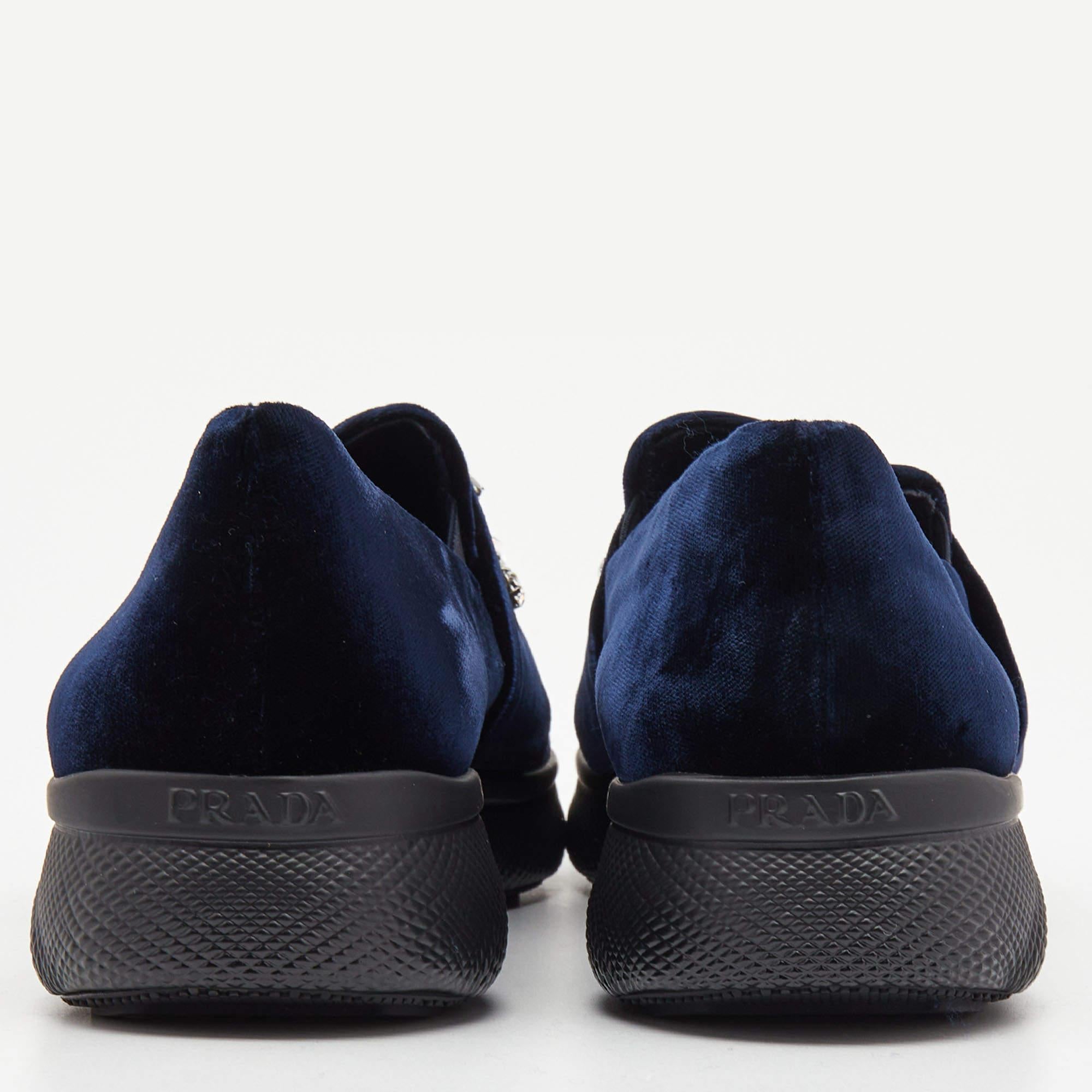 Prada Navy Blue Velvet Crystal Embellished Slip On Sneakers Size 38.5 3