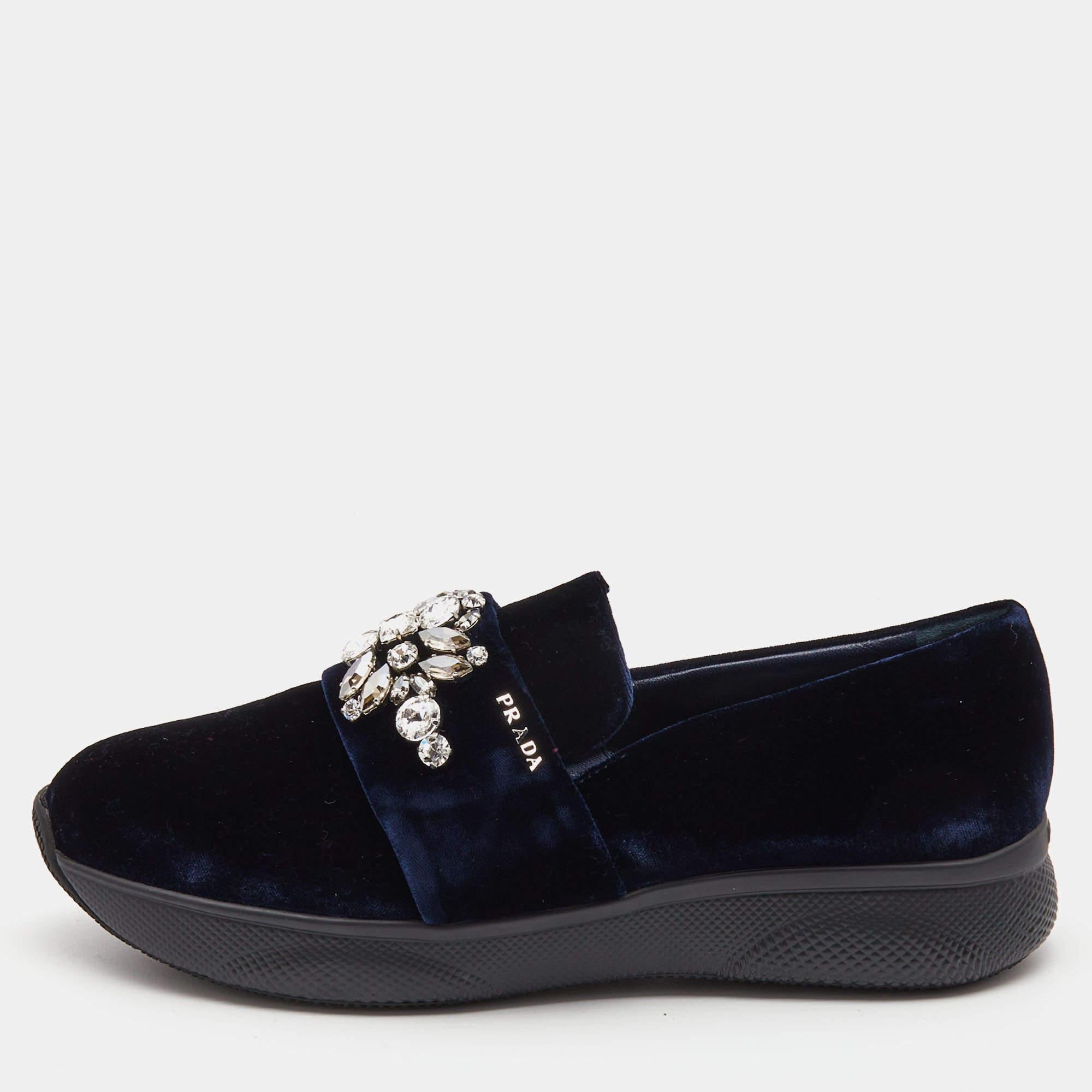 Prada Navy Blue Velvet Crystal Embellished Slip On Sneakers Size 38.5 4