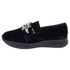 Prada Navy Blue Velvet Crystal Embellished Slip On Sneakers Size 38.5