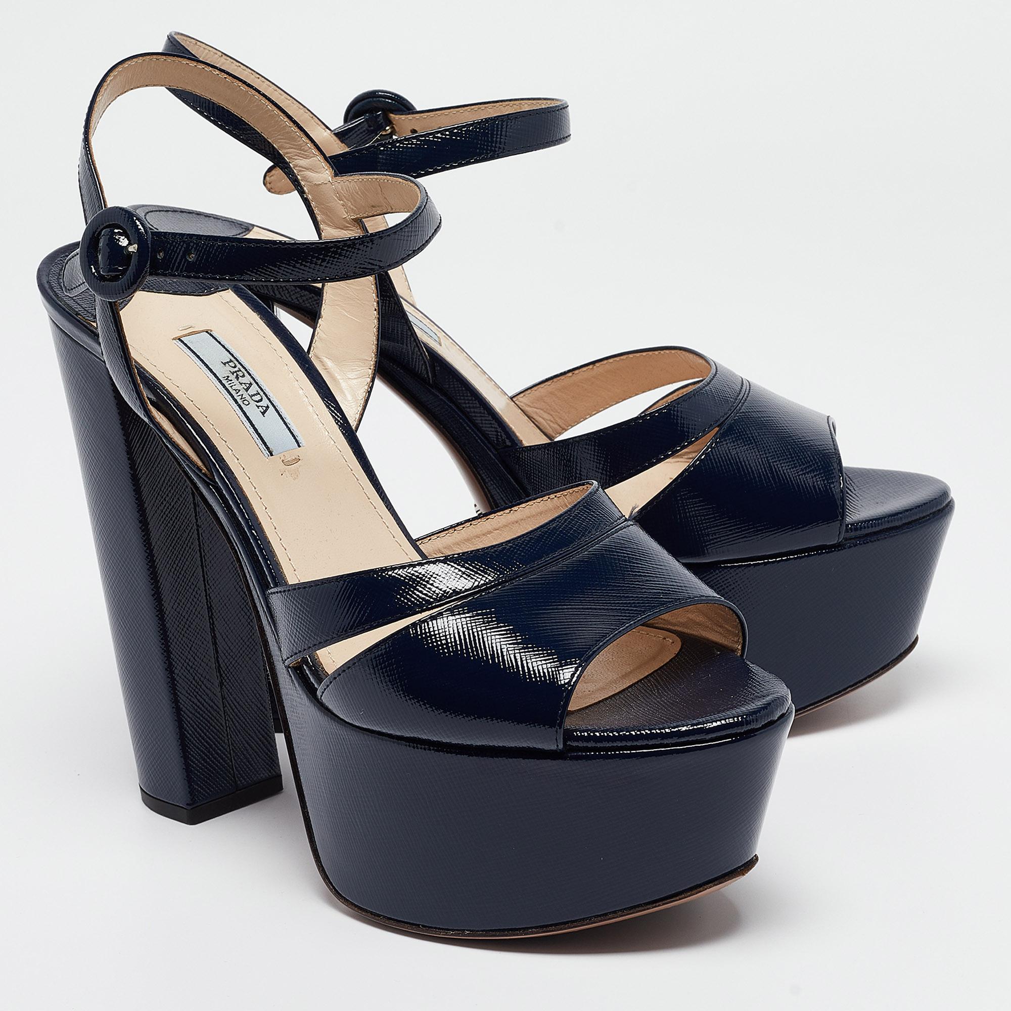 Women's Prada Navy Blue Vernice Saffiano Leather Platform Ankle Strap Sandals Size 39