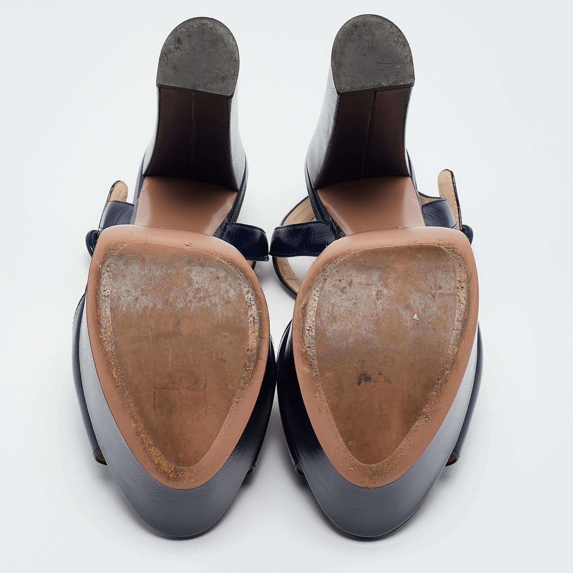 Prada Navy Blue Vernice Saffiano Leather Platform Ankle Strap Sandals Size 39 2