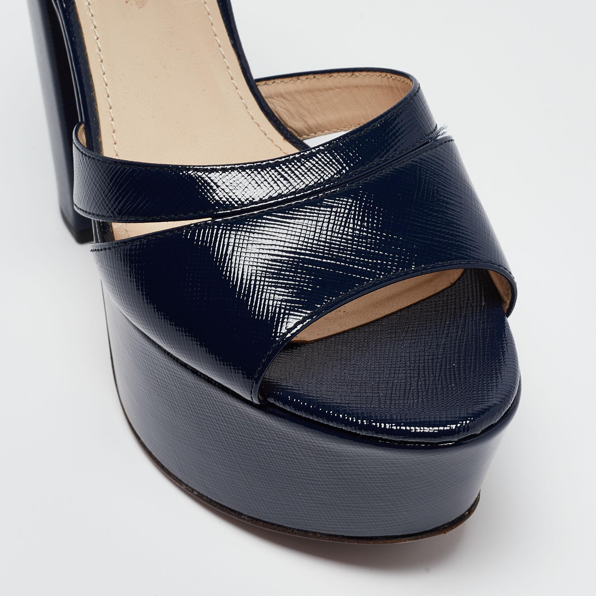 Prada Navy Blue Vernice Saffiano Leather Platform Ankle Strap Sandals Size 39 3