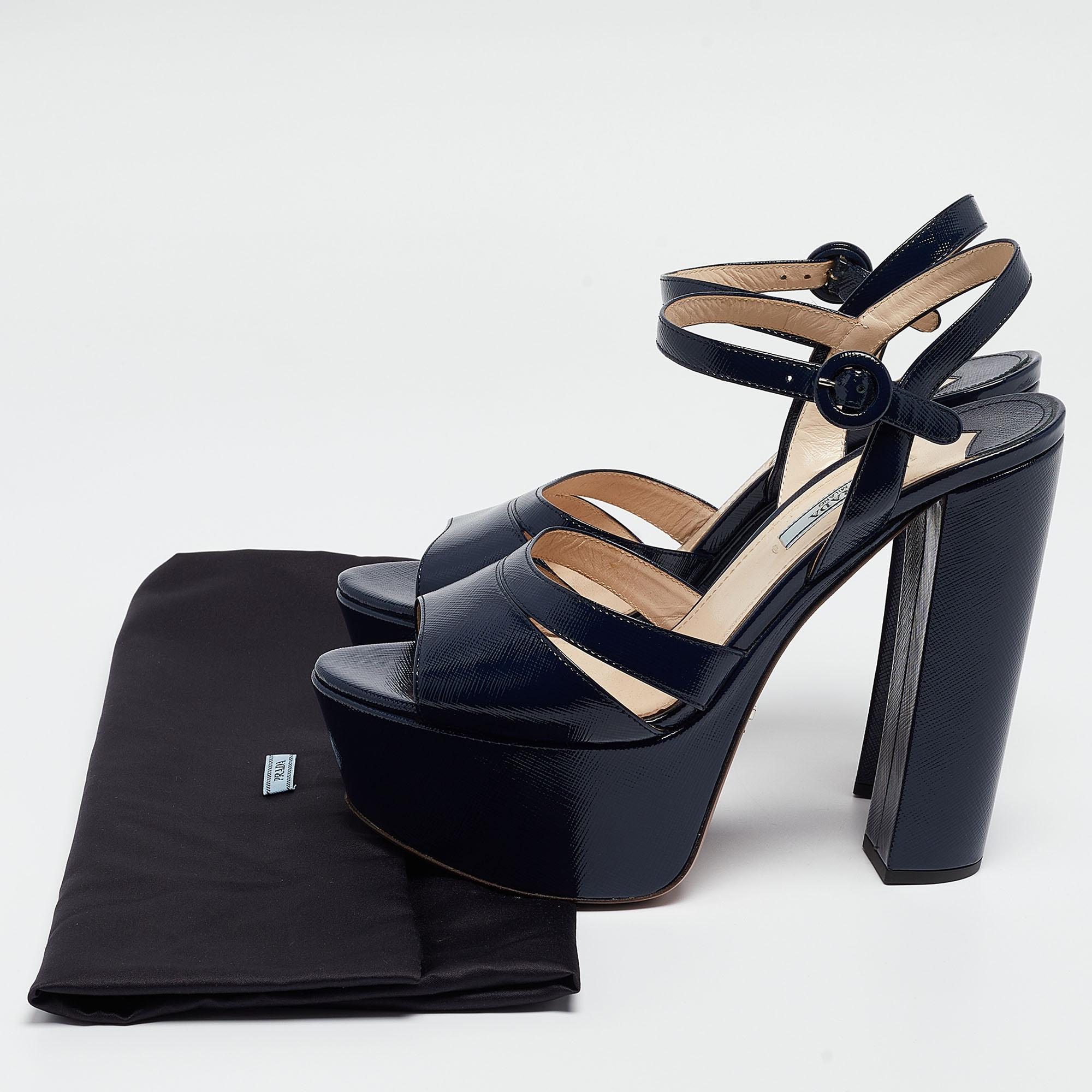 Prada Navy Blue Vernice Saffiano Leather Platform Ankle Strap Sandals Size 39 5