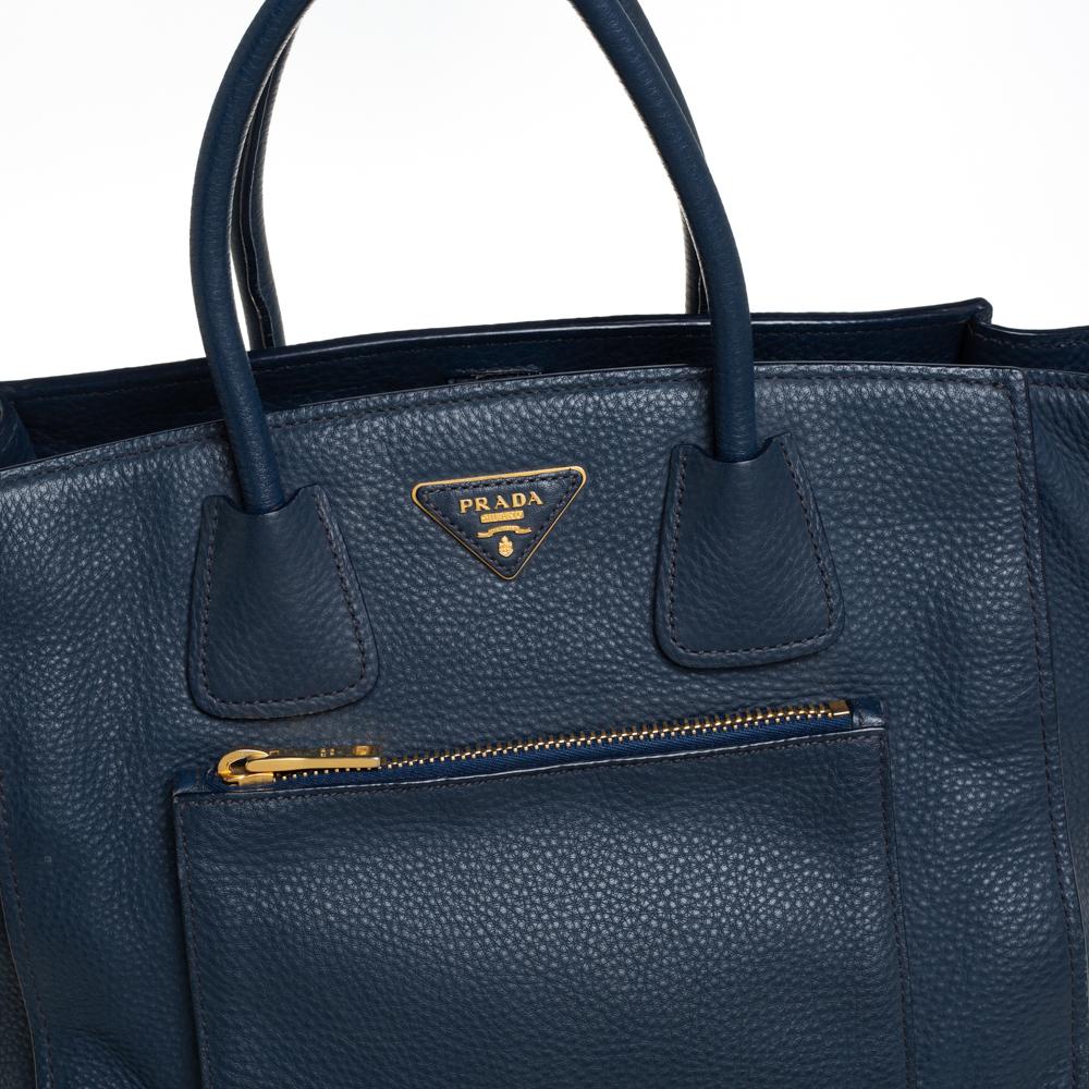 Prada Navy Blue Vitello Daino Leather Front Pocket Wing Tote 1