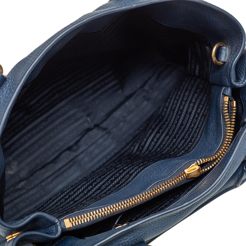 Prada Navy Blue Vitello Daino Leather Middle Zip Tote 6