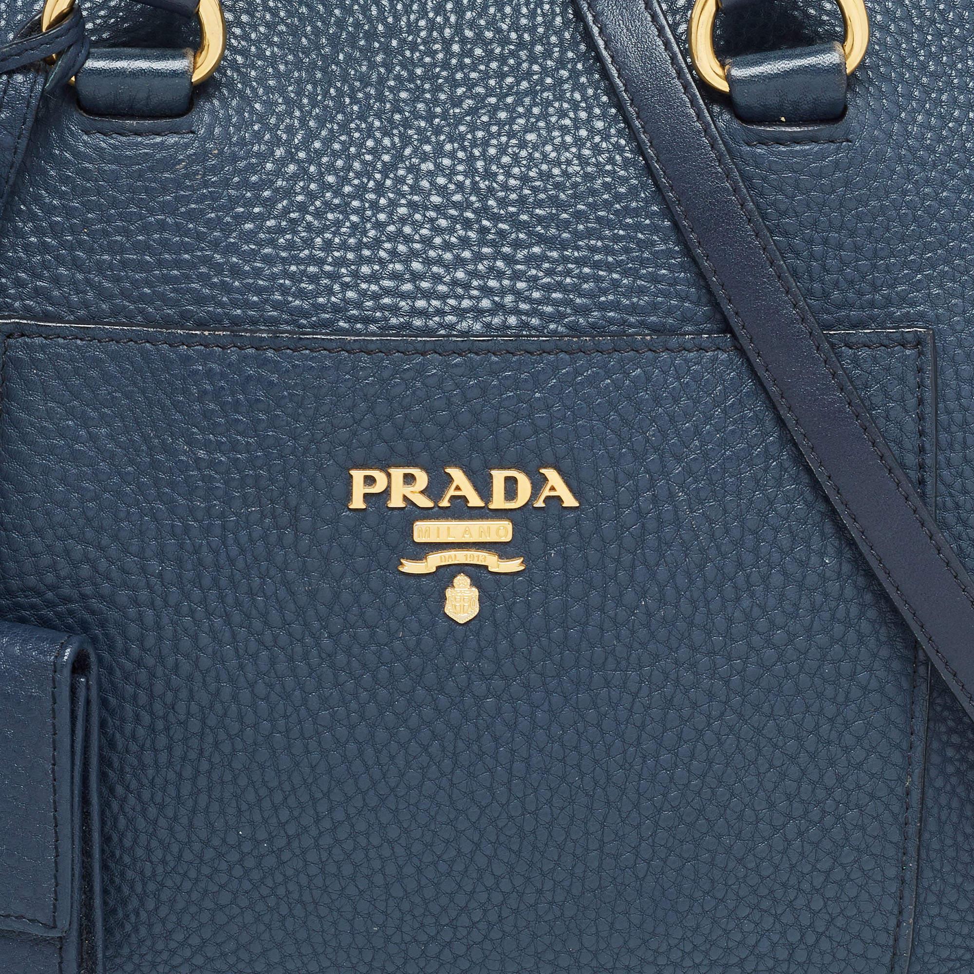 Prada Navy Blue Vitello Daino Leather Satchel 8