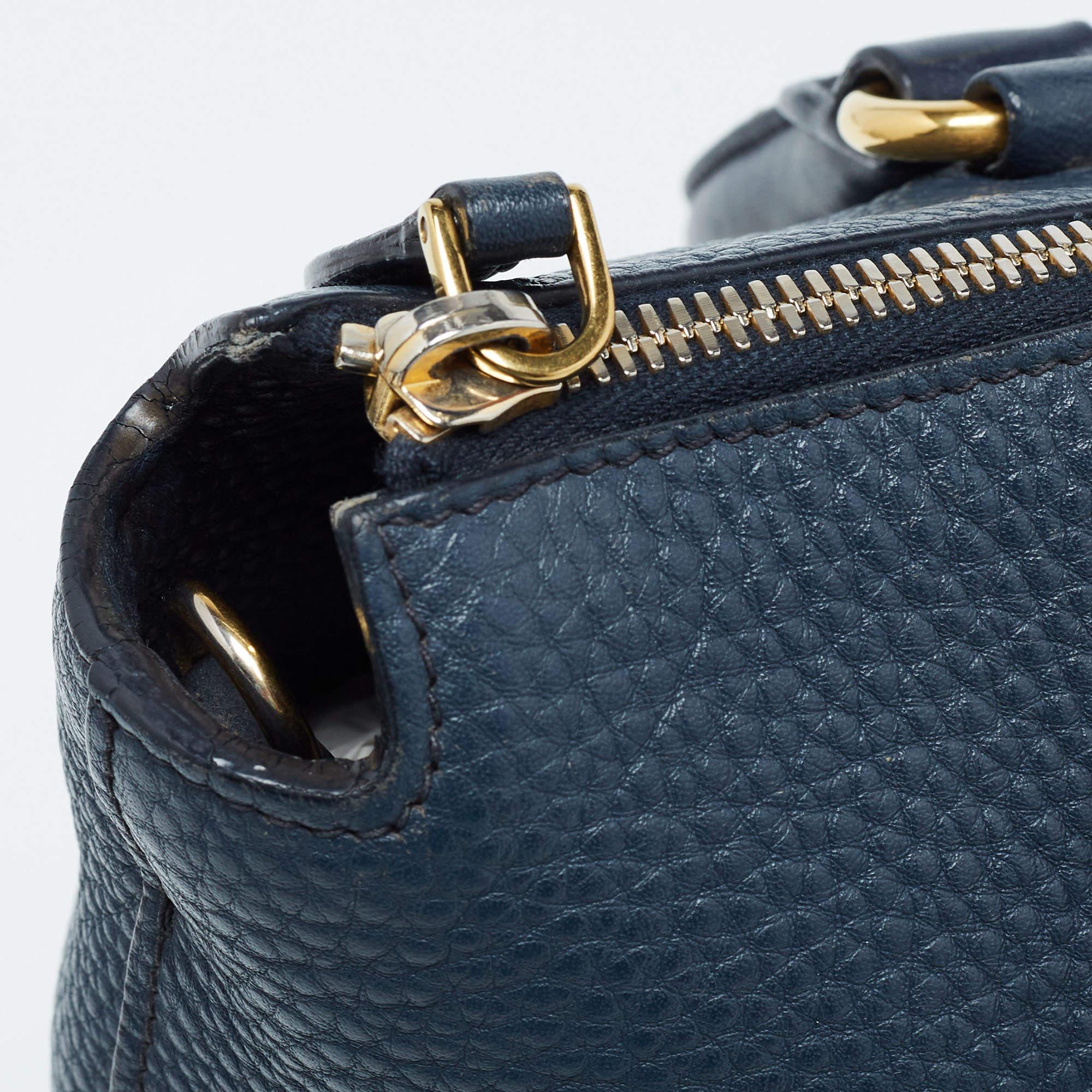 Prada Navy Blue Vitello Daino Leather Satchel For Sale 13
