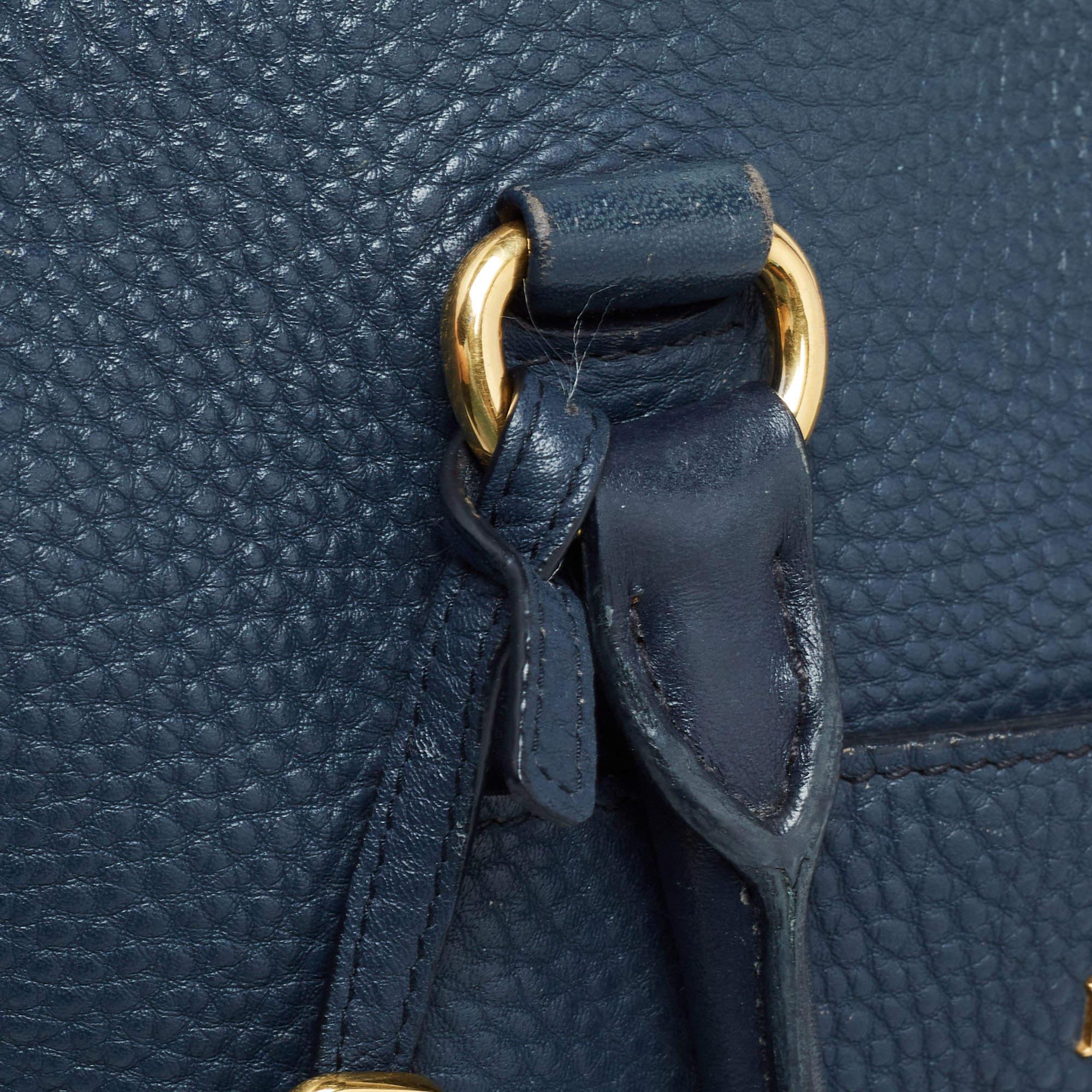 Prada Navy Blue Vitello Daino Leather Satchel For Sale 14