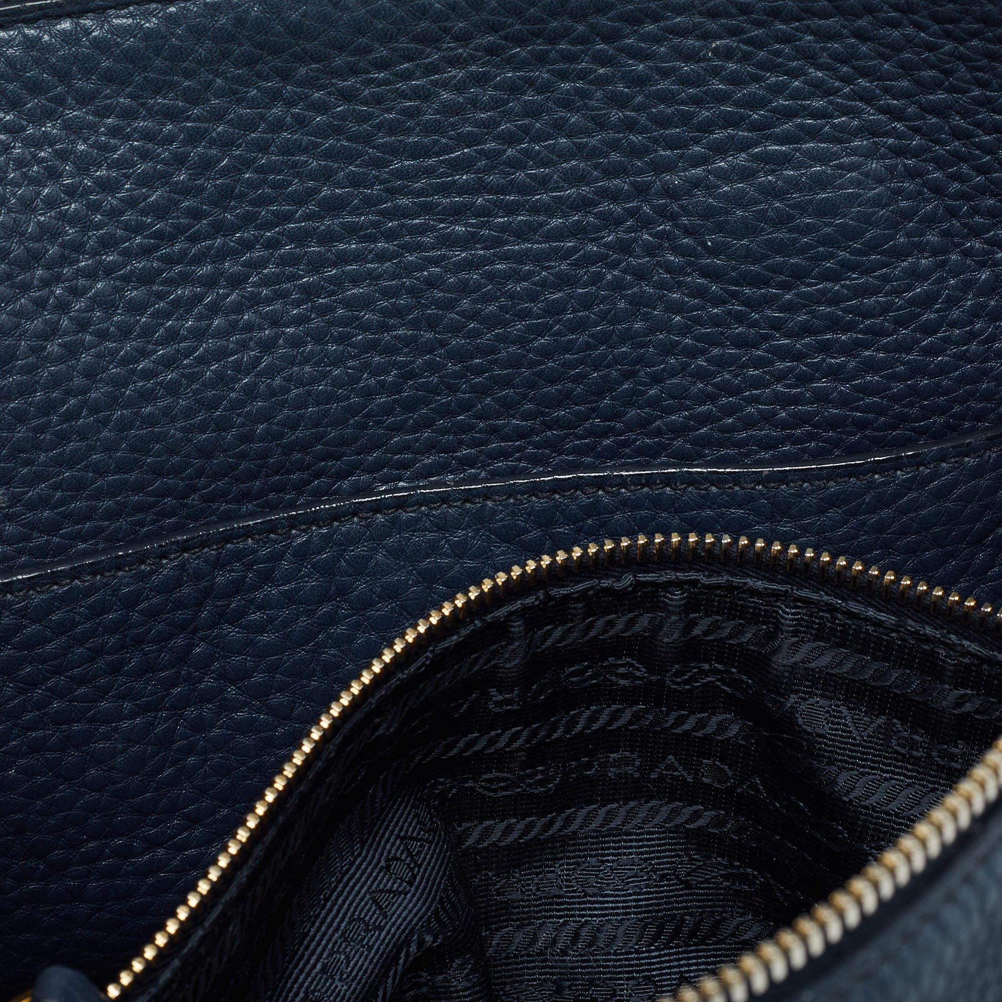 Prada Navy Blue Vitello Daino Leather Satchel For Sale 2