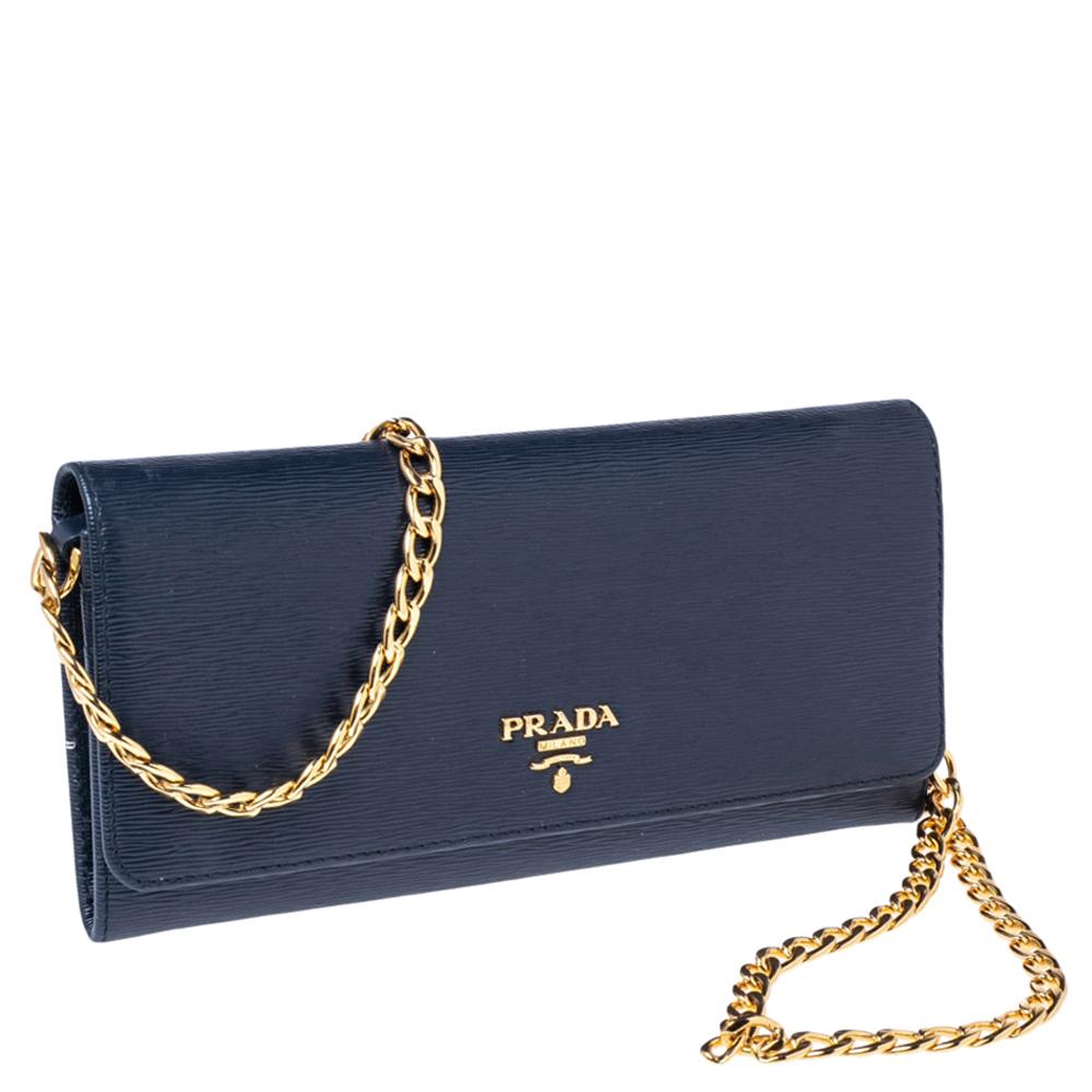 Black Prada Navy Blue Vitello Move Leather Wallet on Chain